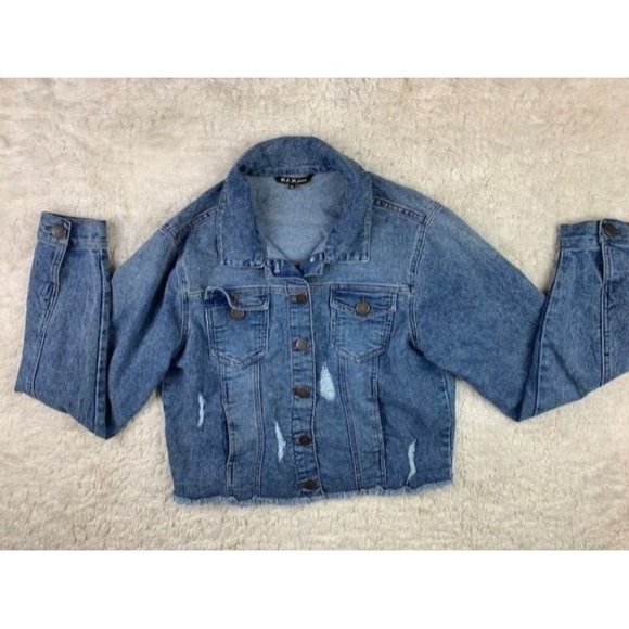 VIP Size Xl Womens Denim Jean Jacket Distressed Button Front Med Wash - Picture 1 of 3